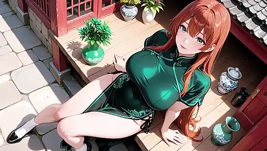 Kızıl saçlı ve zümrüt qipao! Doğu avlusunda tembel baştan çıkarma.