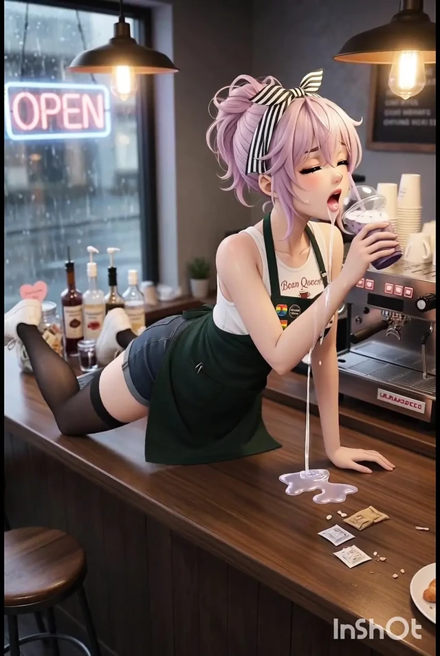 Ateşli seksi minik Barista müşterisini bekliyor, mastürbasyon yapıyor