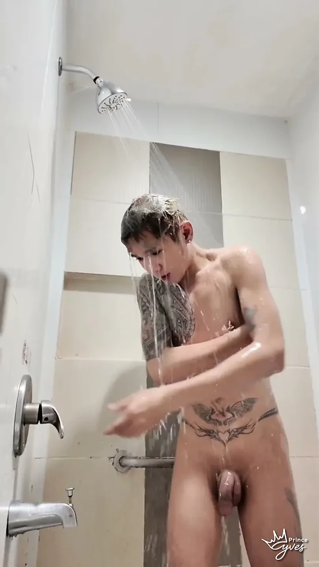Inked Boy Taking A Shower then Masturbating After Having Sex