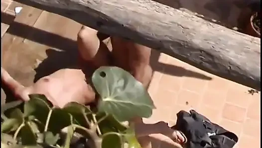Ateşli sarışın kadın ebeveyn arka bahçede sert yarak alıyor