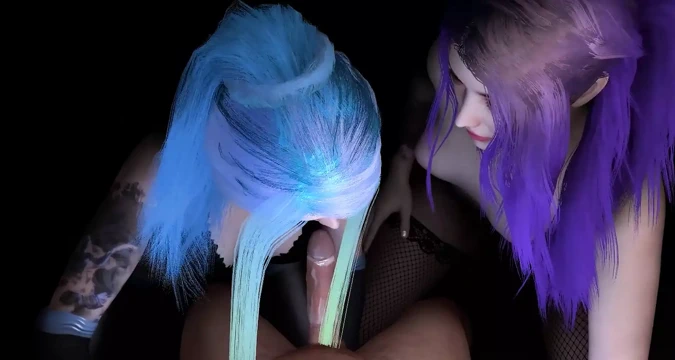 Parlak renkli saçlı iki kız çifte sakso çekiyor: 3 boyutlu porno kısa klip