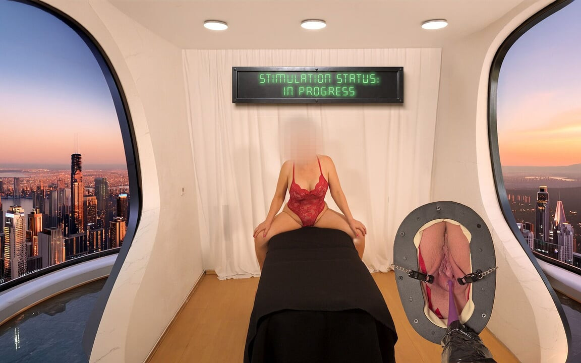 Zevk masasında orta yaşlı seksi kadın - amına makineye bağlı, titreşim cihazı orgazm olmasını sağlıyor