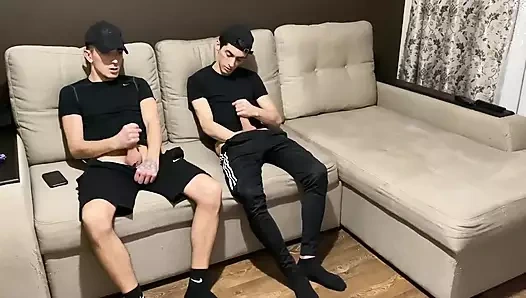 Straight jerk off with twink gay friend in sportswear (blowjob and cum in mouth)