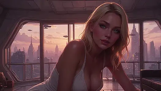 2099 Olivia in the Future Suggestive Teasing showing her Ample Cleavage Part 1