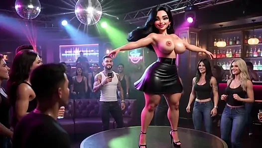 Güzel kadın canlı kulüpte erkeklerle dans eden ve dört ayak üzerinde tamamen çıplak hale gelen heyecan verici gecenin tadını çıkarıyor