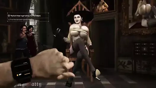 Lady Dimitrescu büyük bir sandalyeye oturuyor ve büyük göğüslerini baştan çıkarıcı bir şekilde sektiriyor