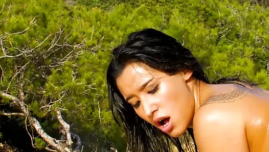 Alluring babe with big tits gets plowed on the beach