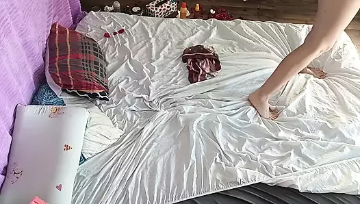 Foreplay in the bedroom with an amateur couple.