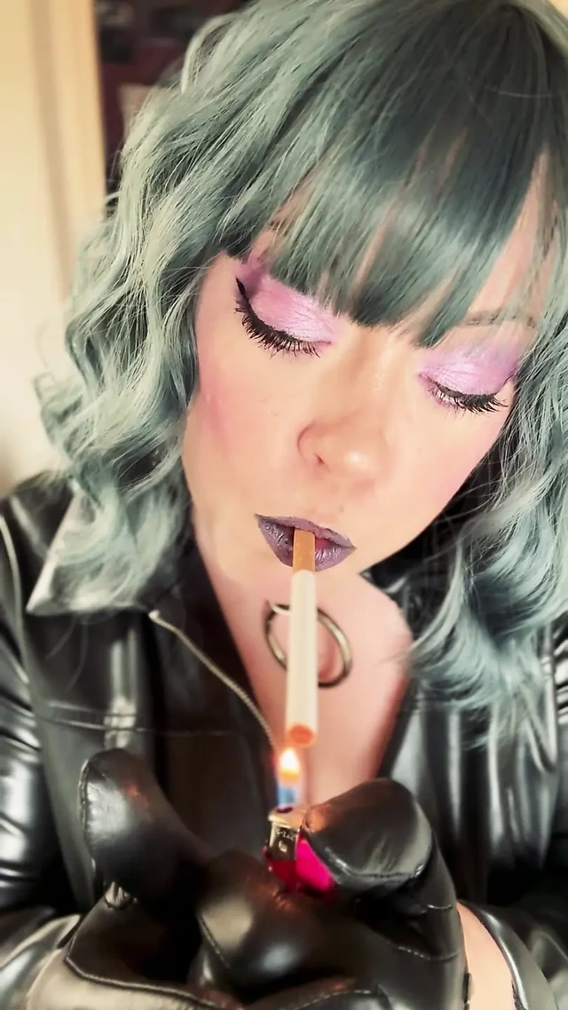 BBW Mistress Tina Snua In Leather & Gloves Smokes 2 Cork Cigarettes - Gloved Smoking Mistress