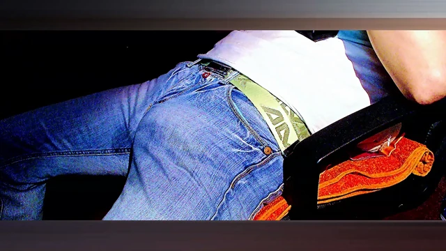 E-Stim pee and cum in old blue Jeans