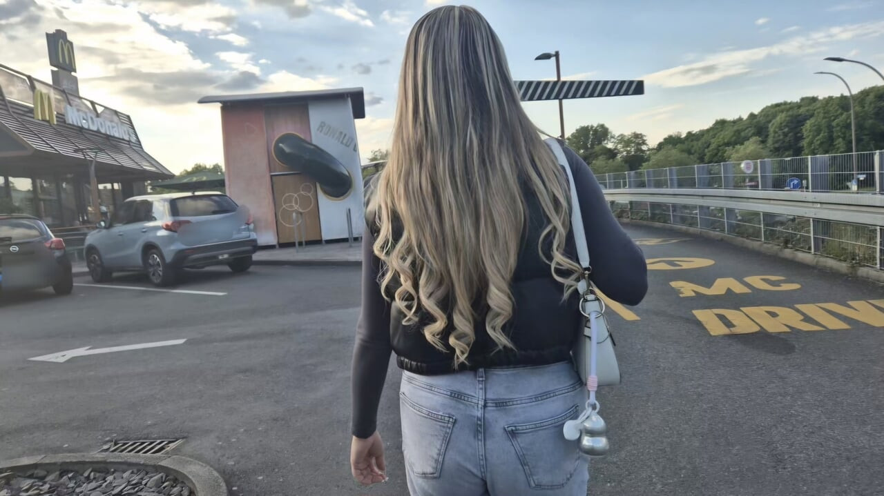 Pick Up An Easy Girl In Front Of McDonalds Because She Wears A Sex Toy Outside
