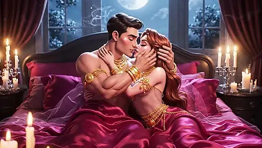 Erotik çizgi film çift - tutkulu öpüşme ve mum ışığında romantik ön sevişme