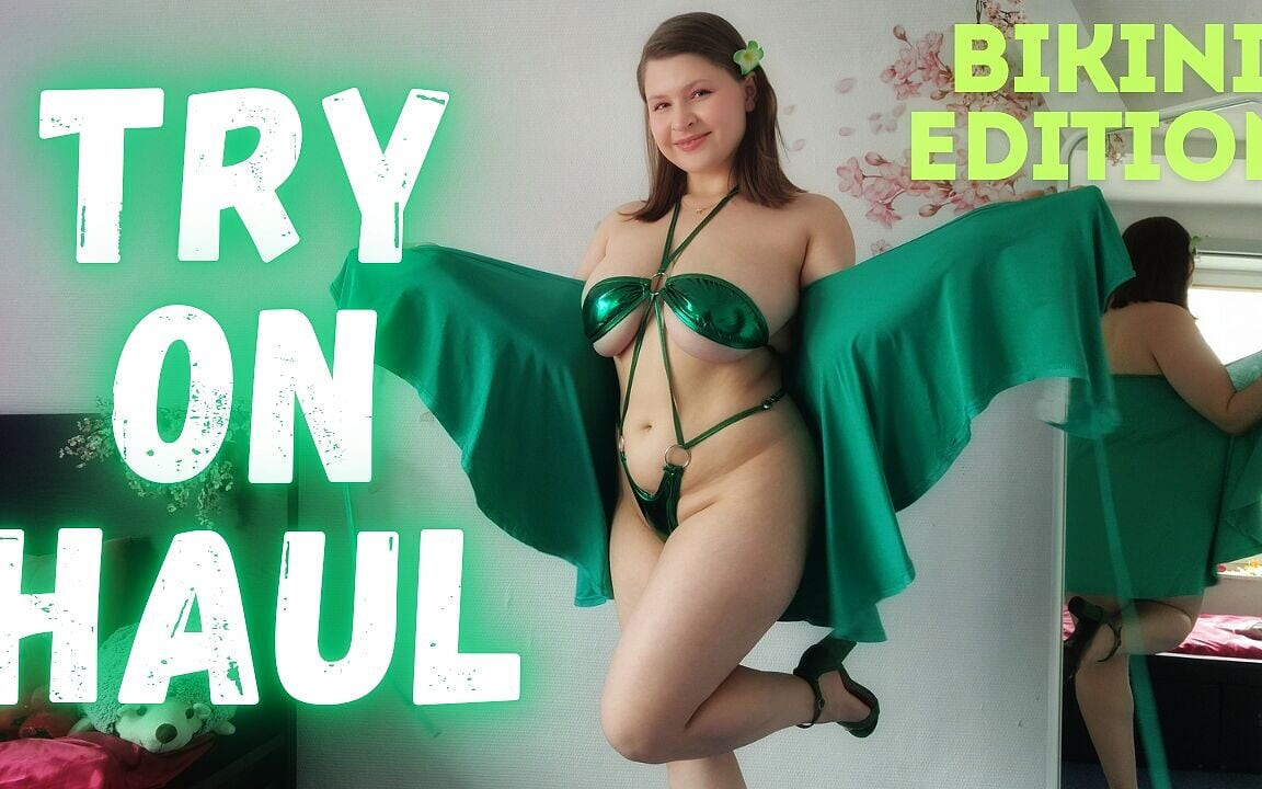 Geri Sayım Ile Koşu Bandında Parlak Yeşil Mikro Bikini Plaj Yürüyüşlerini Deneyin