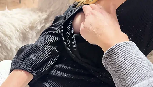 Wife exposing and playing with her juicy pussy in a hotel lobby bar in public