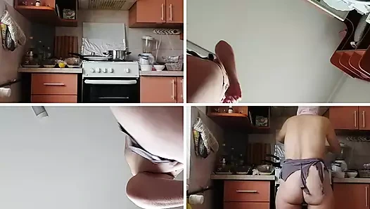 Amateur hairy brunette, big tits, sensual hairy woman in the kitchen. Sexy milf, hairy pussy, big ass