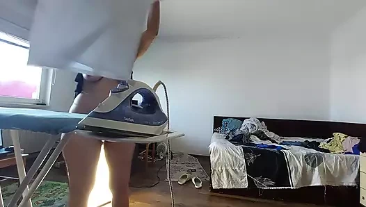 Sexy brunette with hairy pussy, naked housework. Latina with big hairy tits.