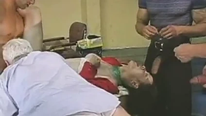 Chinese T-girl receives 3 guys - old man sucks all the CUM