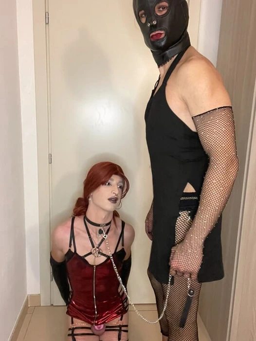 Sissy in chastity is used by her mistress: foot worship, deepthroat, footjob, makes her have an orgasm and eats