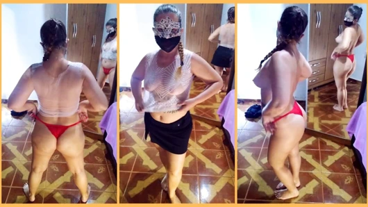 Soyunma, siyah etek, şeffaf beyaz bluz ve kırmızı külot