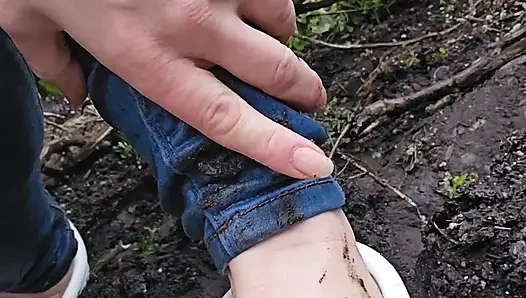 Muddy White Mocs and Jeans Pee