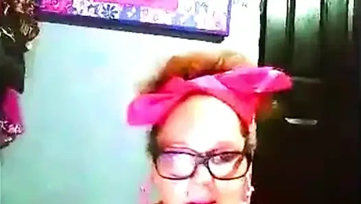 Pink rubber glove pussy fingering