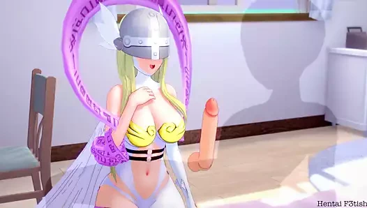 Angewomon büyük bir yükü üfler ve yutar. digimon hentai