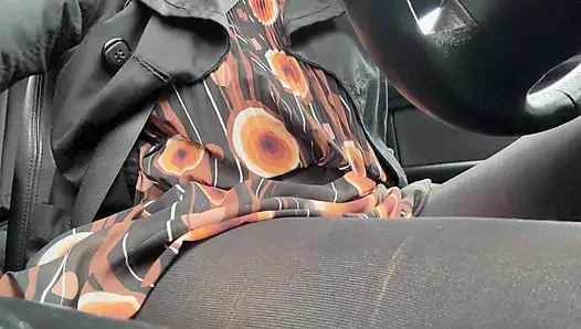 Elegant stepmom drives to the office wearing tights and a beautiful dress