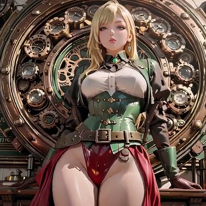 Steampunk teknisyenin özel sabahı! Sarışın kıvrımlar dev vitesten önce tembelce esnetiyor