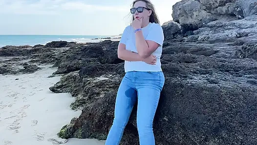 Peeing in Tight Jeans on the Beach