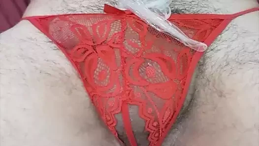 Red string fun with cum tease
