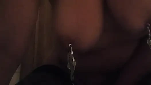 Pain slut: Nipple weights, pussy clamps. Playing with a wand to orgasm.