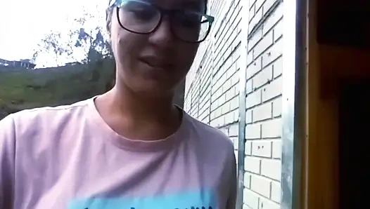 Horny girl masturbating with dildo outdoors secretly