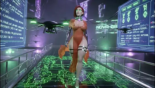Cyber Catwalk - Nova in See-Through Red Lingerie & Futuristic Tease"