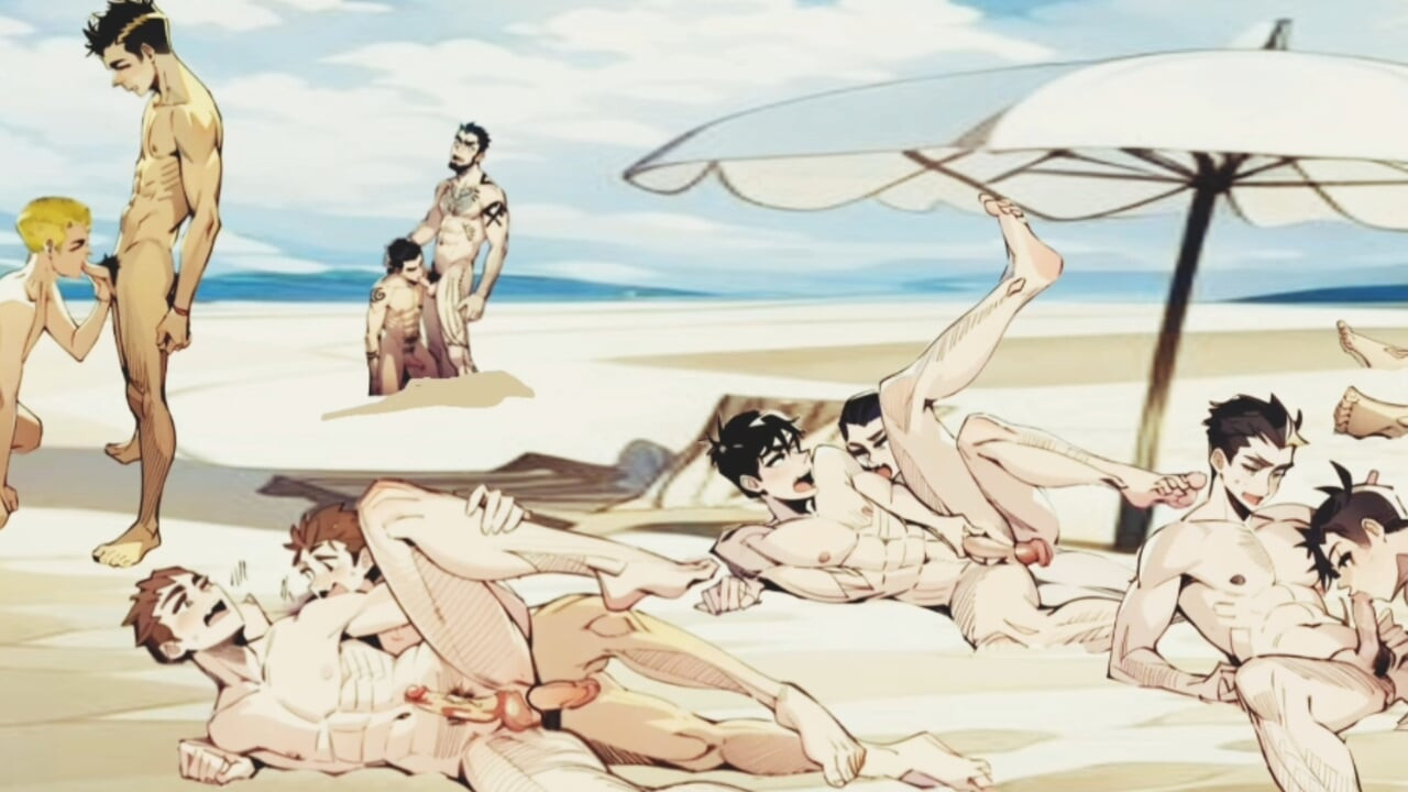 Plaj çizgi filmi hentai animasyonda eşcinsel grup seks