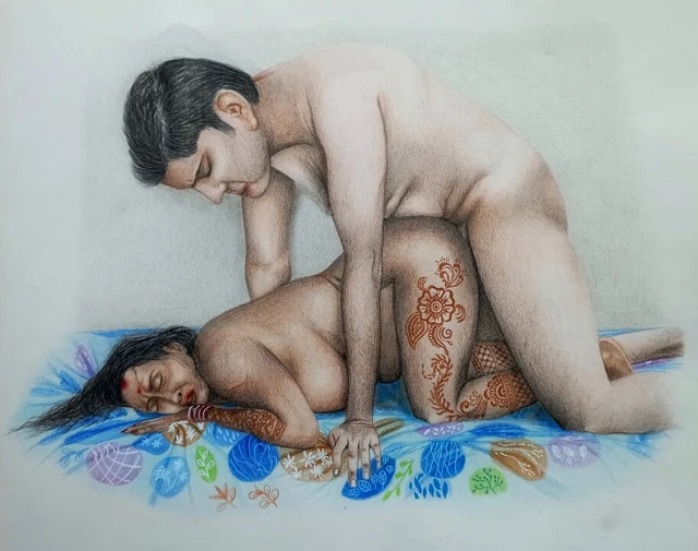 Erotic Art Or Drawing of A Sexy Desi Milf Desi Indian Wife getting painfully ass fucked in doggy style by her young husband