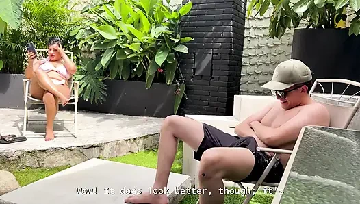 Curvy teen slut is unfaithful to her boyfriend with a stranger with a big cock in the courtyard of a resort.