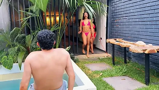 We Try To Be Alone In The Pool With My Friend But We End Up Fucking My Roommate Nerd, Unexpected Threesome