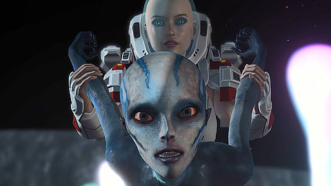 Bir uzaylı strapon ile uzay giysisi tarafından spacewoman tarafından becerdin alır