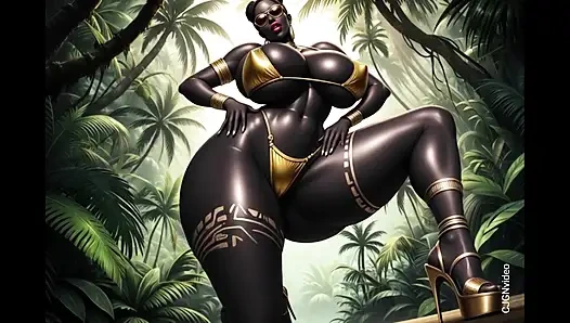 Afrikalı kadın ormanda müzik eşliğinde seksi poz veriyor (ai animasyonu)