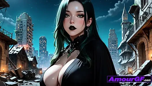 Gotik yapay zekalı güzellik kırık şehrin derinliklerine yarak alıyor ve büyük göğüslerine döl yağdırıyor
