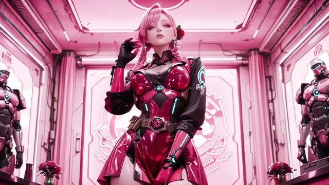 Pembe saçlı Mekanik Savaşçı! Neon sokaklarda diz çökmüş, Kırmızı Gül & Soğuk Zırh Kontrastı, Parmak uçları köprücük kemiklerini okşuyor.