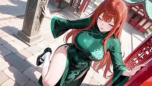 Kızıl saçlı ve zümrüt qipao! Doğu avlusunda tembel baştan çıkarma