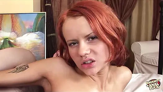 Redheaded minx lotions her body to make it easier for him to creampie her booty