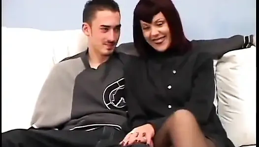 Fiery redhead gets doggy style fucking on couch