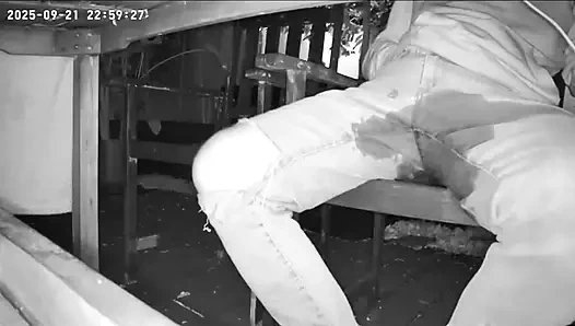 Amateur Boy Caught on Night Vision Cam Peeing Himself Sitting at the Garden Table (he Totally Wets His Pants) )