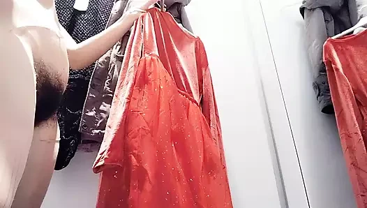 Amateur wife trying on clothes. hairy pussy, sexy brunette, big ass, sexy clothes, panties, socks, shorts, panties.