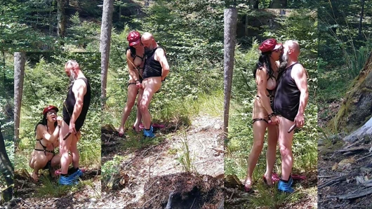 Büyük memeli orta yaşlı seksi kadın ormanda şişman yarağı sıvazlıyor