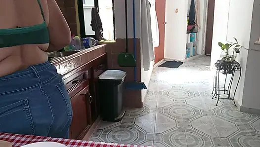 Mom in the kitchen in bralett