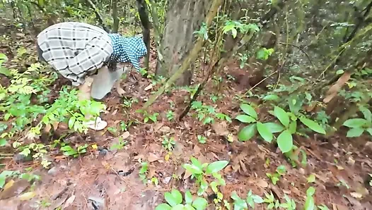 Thai girls walking and talking and picking mushrooms in the forest, secretly showing in the deep forest Clear Thai voice