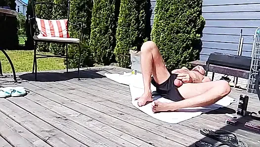 Family vacation with stepmom in the backyard in front of neighbors